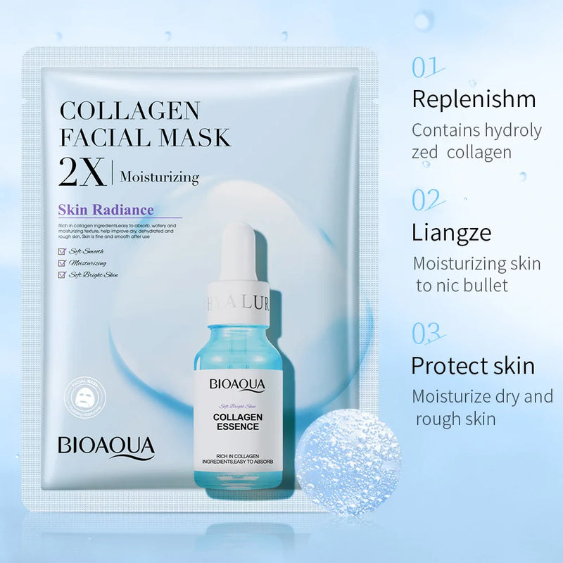 BIOAQUA-Máscara Facial Centella Colágeno, Folha Hidratante Refrescante Ácido Hialurônico, Máscara Facial, Produtos para Cuidados com a Pele, 20PCs