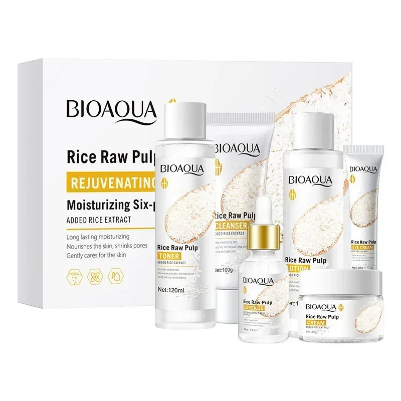 Bioaqua-conjunto de cuidados com a pele arroz cru, conjunto de 6 partes, creme para o rosto, soro, anti-rugas, hidratação, limpador facial, toner, coreano